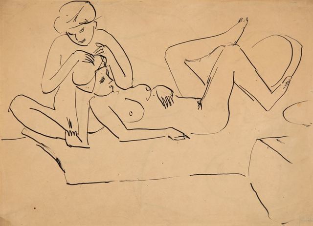 Ernst Ludwig Kirchner, ‘Auf Lager sitzender und liegender weiblicher Akt’, ca. 1911, Henze & Ketterer