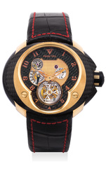A fine and unusual limited edition pink gold and carbon-fiber tourbillon wristwatch with power reserve, International Warranty and box, numbered 1 of a limited edition of 8 pieces