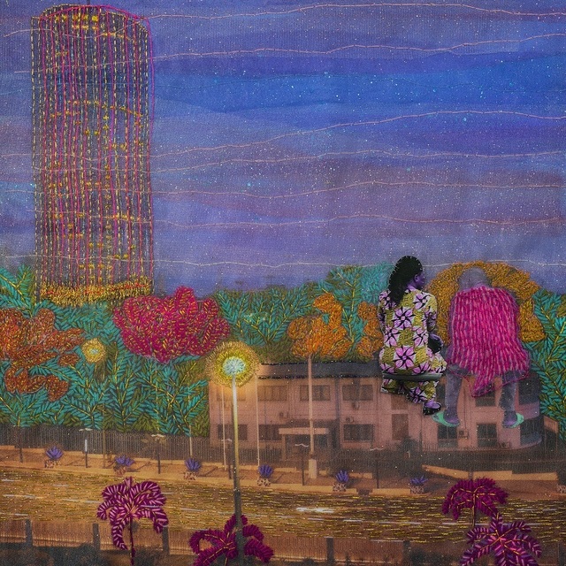 Joana Choumali, ‘Comfortable silence, Series Alba'hian’, 2019, Mixed Media, Mixed media, embroidery and collage manual on digital photo printing on cotton canvas embroidery on chiffon and tulle over cotton. Unique Piece, Gallery 1957