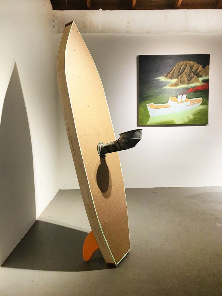 Featured exhibition works by Doug Britt (left to right): Twin Fin Surfer 2017 mixed media 45 x 43 x 11 inches, Uncharted Waters 2017 acrylic on panel 38 x 38 inches. Featured exhibition works by Doug Britt (left to right): Twin Fin Surfer 2017 mixed media 45 x 43 x 11 inches, Uncharted Waters 2017 acrylic on panel 38 x 38 inches.