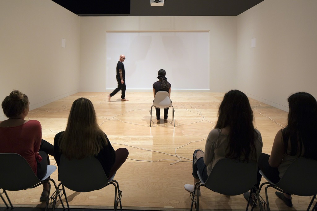 "Rope Dance," 2015, concept, title and score by Anna Halprin; interpretations and variations by Stephen Petronio, left, and Janine Antoni, right, wearing blindfold; commissioned by The Fabric Workshop and Museum, Philadelphia. "Rope Dance" performance part of "Entangle," Tang Teaching Museum, March, 2017 "Rope Dance," 2015, concept, title and score by Anna Halprin; interpretations and variations by Stephen Petronio, left, and Janine Antoni, right, wearing blindfold; commissioned by The Fabric Workshop and Museum, Philadelphia. "Rope Dance" performance part of "Entangle," Tang Teaching Museum, March, 2017