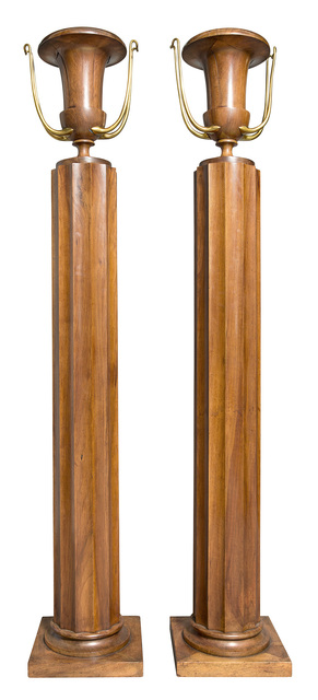 ‘Pair of Art Moderne Brass and Walnut Torchere Uplights’, Design/Decorative Art, Urn-form on fluted pedestal on square base., Doyle
