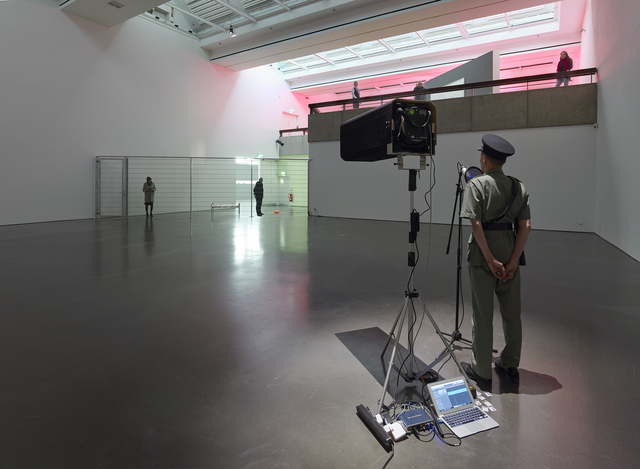 Samson Young 楊嘉輝, ‘Canon’, 2016, Performance Art, Charcoal, ink, pastel, pencil, stamp, and watercolor on paper (38 x 28 cm); performance with audio interface, laptop, Long Range Acoustic Device (LRAD), and microphone; 3-D printed water basin, custom-designed bench, soundtrack, stamp on wall, and wire fencing, Guggenheim Museum