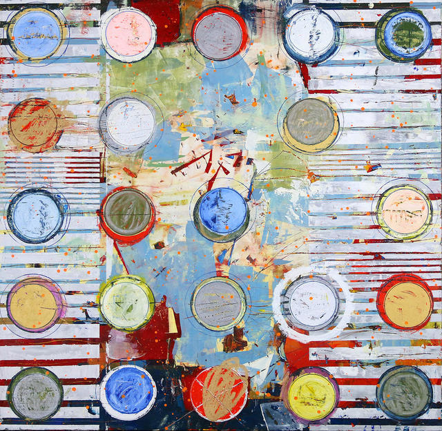 Jylian Gustlin, ‘"Fibonacci 414" Abstract mixed media painting with red, white, yellow and blue’, 2019, Eisenhauer Gallery