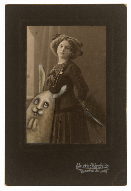 Jana Paleckova, ‘Untitled (Woman with rabbit and scissors)’, 2017, Photography, Oil paint on vintage photograph, FRED.GIAMPIETRO Gallery