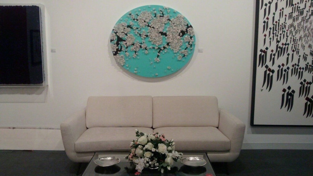Detailed Shot of Ran Hwangs piece Two Love Blossoms above the sofa Detailed Shot of Ran Hwangs piece Two Love Blossoms above the sofa