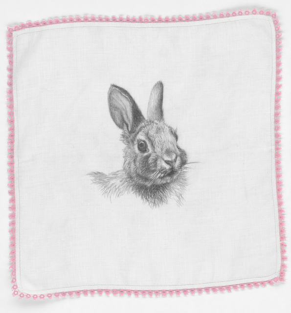 Constance Edwards Scopelitis, ‘God Is In Clean Laundry: Rabbit’, 2019, Drawing, Collage or other Work on Paper, Carbon on vintage handkerchief, Garvey | Simon