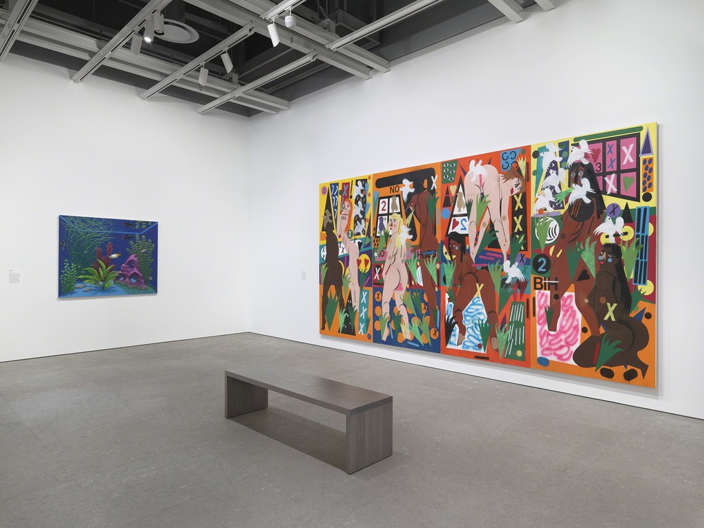 Installation view of Flatlands (Whitney Museum of American Art, NY, January 14 – April 18, 2016). From
left to right: Mathew Cerlettty, Shelf Life, 2015 (E.2015.0903); Nina Chanel Abney, Hothouse, 2015 (E.2015.0906). Photography by Ronald Amstutz. Installation view of Flatlands (Whitney Museum of American Art, NY, January 14 – April 18, 2016). From
left to right: Mathew Cerlettty, Shelf Life, 2015 (E.2015.0903); Nina Chanel Abney, Hothouse, 2015 (E.2015.0906). Photography by Ronald Amstutz.