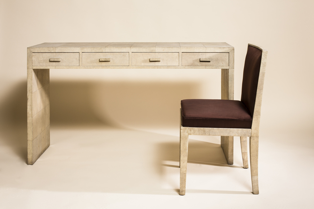 Jean-Michel Frank, ‘Desk and Chair’, ca. 1930, Design/Decorative Art, Desk in white shagreen cut in rectangles, with four drawers and its chair in shagreen marquetry and purple silk, Galerie L'Arc en Seine