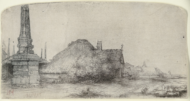 Rembrandt van Rijn, ‘COTTAGE AND OBELISK ON THE SPAARNDAMMERDIJK’, ca. 1650, Print, Original etching and drypoint printed in black ink on laid paper., Christopher-Clark Fine Art