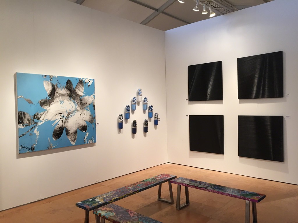 (from left) Jeff Muhs "Flower Confidential", (center) Edie Nadelhaft "Blue Angels", (right) paintings by James Austin Murray (from left) Jeff Muhs "Flower Confidential", (center) Edie Nadelhaft "Blue Angels", (right) paintings by James Austin Murray