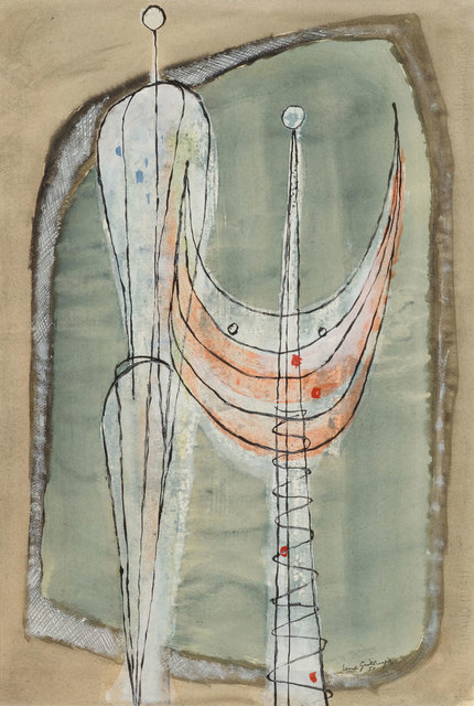 Ernst Geitlinger, ‘Zwei stehende Figuren’, 1951, Painting, Tempera on paper, mounted on fibreboard, Koller Auctions