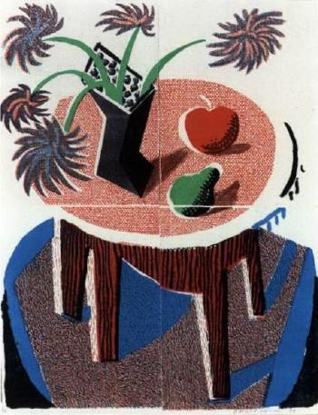David Hockney - Flowers, apples and a pear on a table