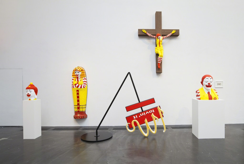 Installation view of Jani Leinonen"McReincarnation" (2015), "McJesus" (2015), and "McLenninism" (2015). Kiasma Museum of Contemporary Art, Helsinki. Courtesy of Finnish National Gallery / Pirje Mykkänen. Installation view of Jani Leinonen"McReincarnation" (2015), "McJesus" (2015), and "McLenninism" (2015). Kiasma Museum of Contemporary Art, Helsinki. Courtesy of Finnish National Gallery / Pirje Mykkänen.