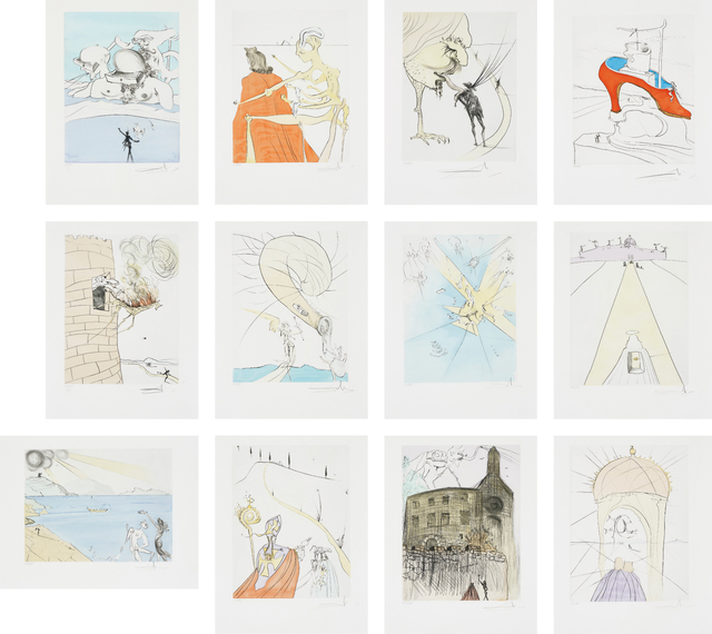 Salvador Dalí, ‘After 50 Years of Surrealism’, 1974, Print, The complete set of 12 drypoints with pochoir in colours, on BFK Rives paper, with full margins, with title page, colophon, original paper folders with text by André Parinaud, and original black linen-covered portfolio with title printed in silver on the spine., Phillips