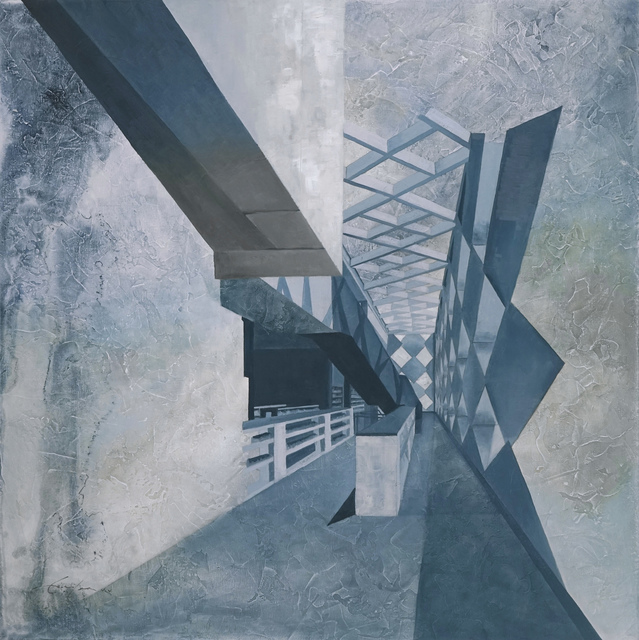Cecilia Villanueva, ‘David Adjaye Void, Architecture blue, white and brown, perspective, cityscape, postmodern realism, conceptual art, design blueprint’, 2017, Painting, Oil on canvas, Archway Gallery