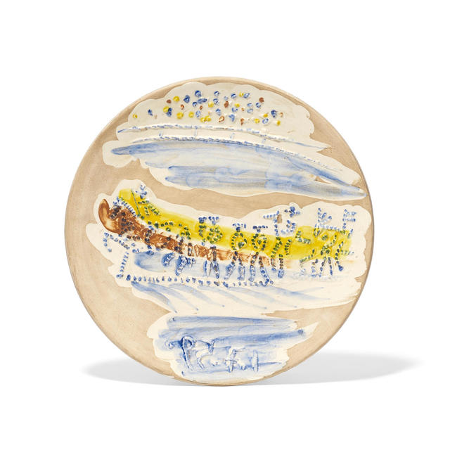 Pablo Picasso, ‘Paseo, from Service Scènes de Corrida’, 1959, Sculpture, White earthenware clay plate, decorated in blue, brown, and yellow engobes under partial brushed glaze with beige patina., Masterworks Fine Art