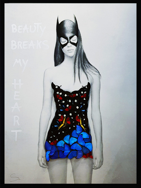 SN, ‘Superhero (Black & Blue)’, 2019, Painting, Oil and acrylic painting with mounted butterflies on fine art paper., Eden Fine Art