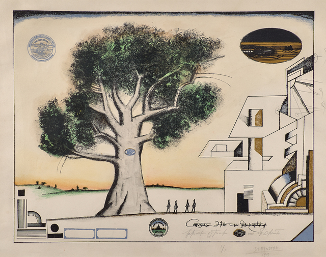 Saul Steinberg, ‘The Tree, Nine Variations, No. 9’, 1969, Print, Lithograph with collage and graphite on BFK Rives (framed), Rago/Wright
