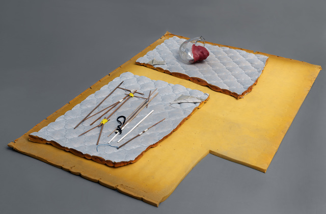 Win McCarthy, ‘Respite, Reassurance’, 2018, Mixed Media, Glass, wax, tape, polyurethane mattress, wood, steel wire, shoe lace, Galerie Fons Welters