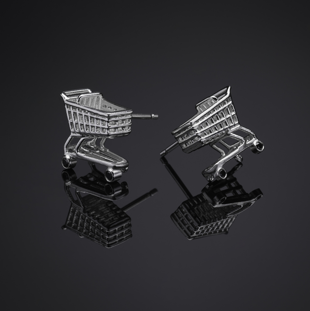 Deanna Mclaughlin, ‘Cartrageous Post Earrings’, 2019, Jewelry, 3-D printed Sterling silver post earrings with 1.5 mm pavé diamonds as wheels. Also available without diamonds., InLiquid