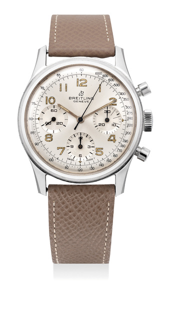 Breitling, ‘A fine and rare stainless steel chronograph wristwatch with silvered dial, over-sized luminous Arabic numerals and screw back case’, 1967, Phillips