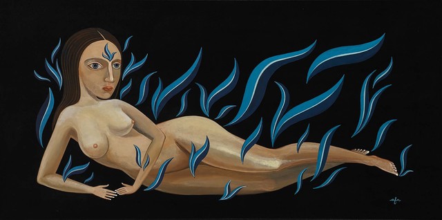 Anne Faith Nicholls, ‘Reclining Nude in Cool Blue Flames’, 2018, Painting, Acrylic on canvas, Martin Lawrence Galleries