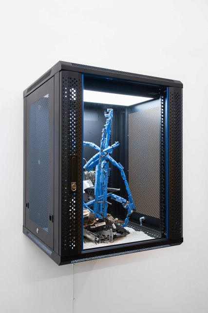 Joachim Coucke, ‘An interface to immortality III’, 2020, Sculpture, Server cabinet, led tile, plastic bin, conveyor belt parts, various computer components, cables, metal, gravel, plastic parts and hardware, Tatjana Pieters