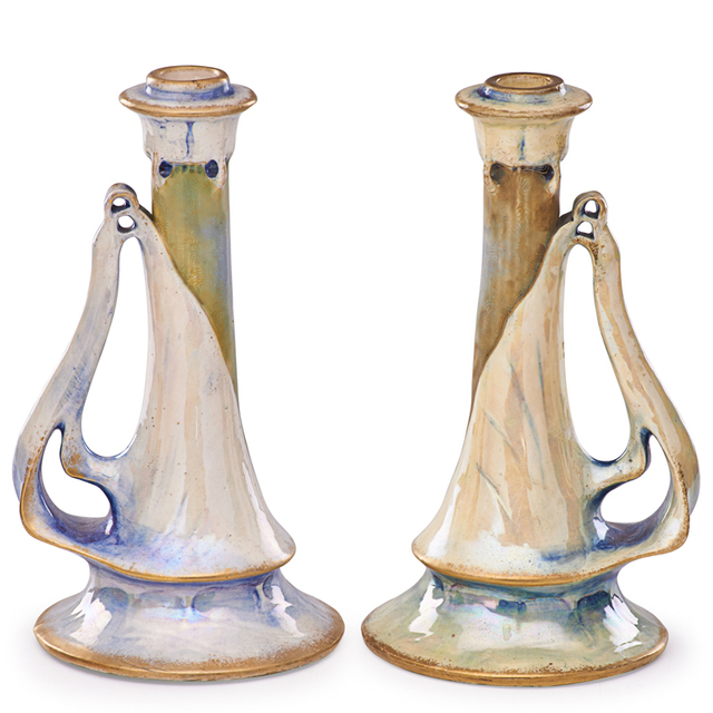 Riessner, Stellmacher & Kessel, ‘Two Amphora Candlesticks, Turn-Teplitz, Bohemia’, ca. 1900, Design/Decorative Art, Rago/Wright