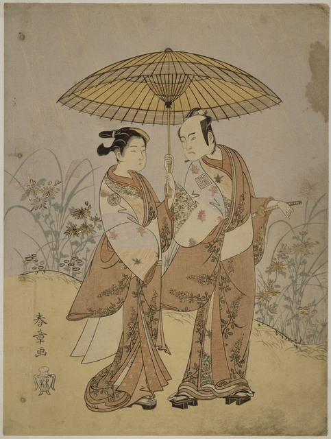 Katsukawa Shunsho, ‘Play at the Nakamuraza theatre in the 8th month of 1768; Two Actors: Ichikawa Yaozo II in the role of Hanshichi and Sagawa Kikunojo in the role of Sankatsu’, 1768, Musée national des arts asiatiques - Guimet