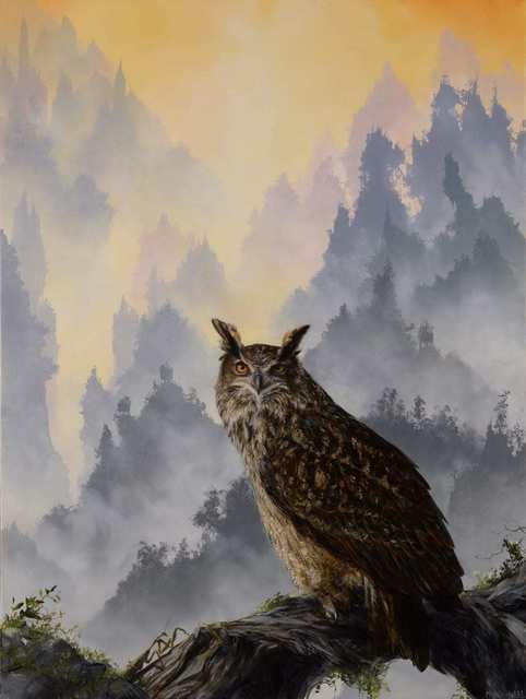 Brian Mashburn, ‘Eagle Owl and Mantis’, 2021, Painting, Oil on panel, Haven Gallery