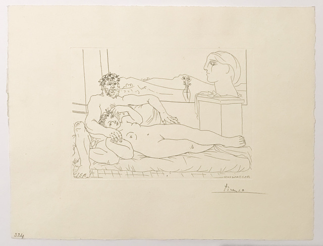 Pablo Picasso, ‘Vieux Sculpteur et Jeune Modèle avec le Portrait sculpté du Modèle (S.V. 63)’, 1933, Print, Etching, John Szoke