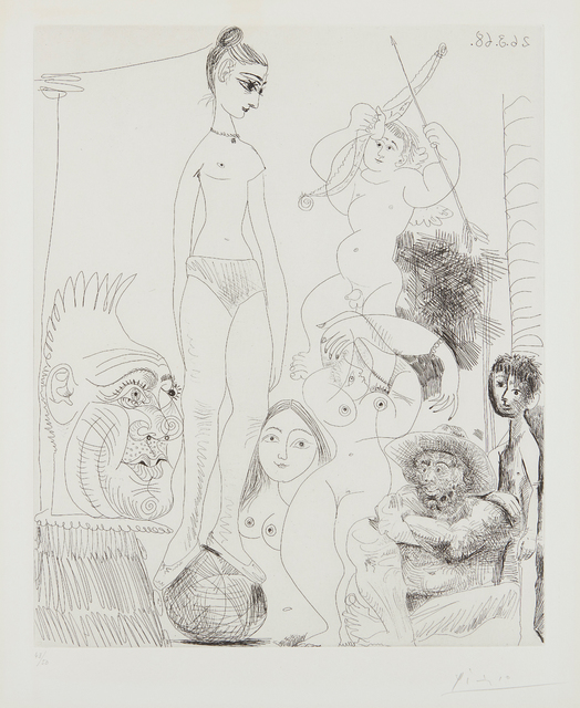 Pablo Picasso, ‘Autoportrait transposé et dédoublé rêvant au cirque, avec Jacqueline en acrobate à la boule (Self-Portrait Transposed and Split Dreaming in the Circus, with Jacqueline as Acrobat on the Ball), plate 9, from 347 Series’, 1968, Phillips