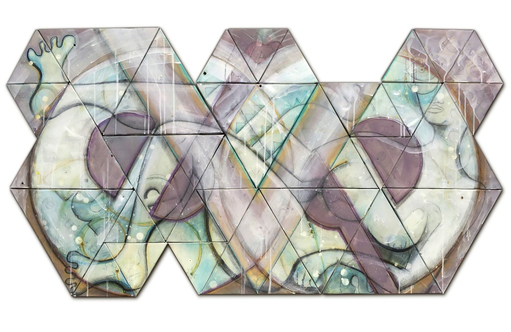 "Eve" by Benjamin Lowder, 2017, mixed media over vintage metal signage, 60" x 32" "Eve" by Benjamin Lowder, 2017, mixed media over vintage metal signage, 60" x 32"