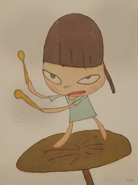 Cartoon character with a sad expression holding a yellow object on a beige background