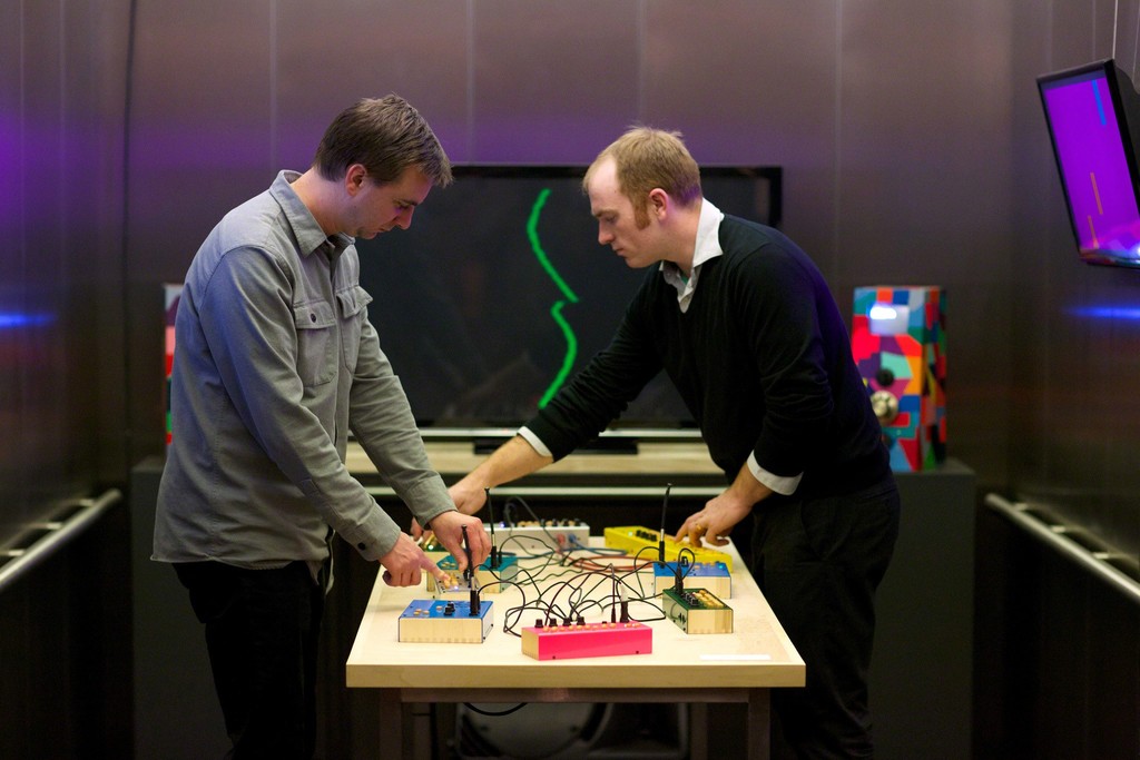Artists Owen Osborn and Chris Kucinski in their interactive installation, Elevator Music 30: Critter & Guitari, Tang Teaching Museum, 2016 Artists Owen Osborn and Chris Kucinski in their interactive installation, Elevator Music 30: Critter & Guitari, Tang Teaching Museum, 2016