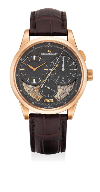 Jaeger LeCoultre, ‘A very fine and attractive pink gold single-button chronograph wristwatch with dual power reserves and jumping seconds, with presentation box and guarantee certificate’, 2016, Phillips