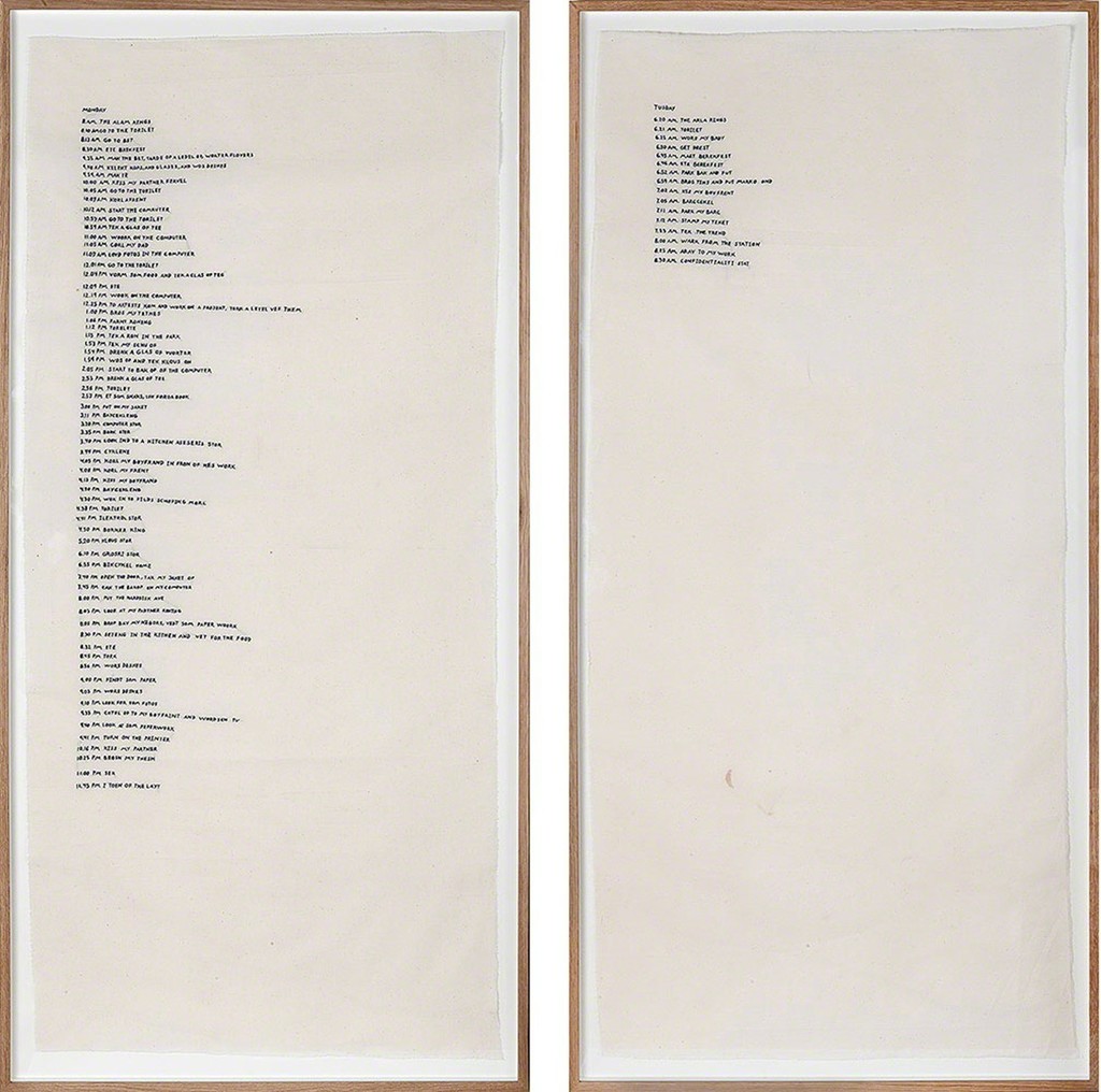 minutes, hours, days, week, 2010, Embroidery on canvas , Seven elements of 145 x 65 cm. "For a week, I registered everything I did and the time it took" minutes, hours, days, week, 2010, Embroidery on canvas , Seven elements of 145 x 65 cm. "For a week, I registered everything I did and the time it took"