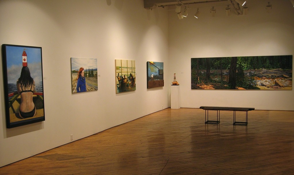 From left to right: Rhude's 'Roxanne', Horton's 'Emilie, Takhini North', Mori's 'Book Club', Ross' 'The Last Three Trees', and Chatfield's 'Along the River #1 and #2, Diptych' From left to right: Rhude's 'Roxanne', Horton's 'Emilie, Takhini North', Mori's 'Book Club', Ross' 'The Last Three Trees', and Chatfield's 'Along the River #1 and #2, Diptych'
