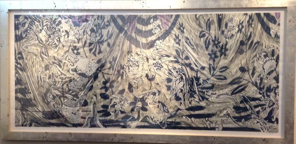 Judy Pfaff "Evening Raga," 2017 woodcut, hand painted ink, archival inkjet and clear plastic film Judy Pfaff "Evening Raga," 2017 woodcut, hand painted ink, archival inkjet and clear plastic film