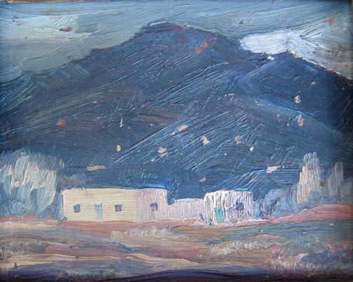 Ila McAfee, ‘NM Landscape with Adobes’, ca 1930's, Painting, Oil on board, Addison Rowe Gallery
