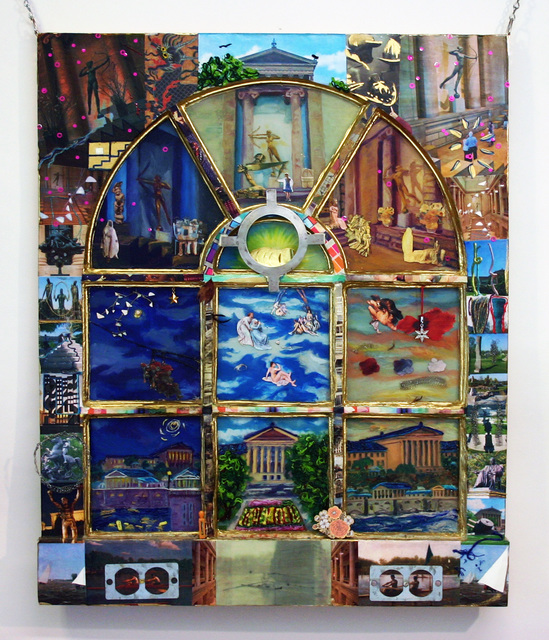 Carol Taylor-Kearney, ‘Diana's Hunt’, 2019, Mixed Media, Oil on a window (reverse painting on the glass) with carving, collage, hardware, InLiquid