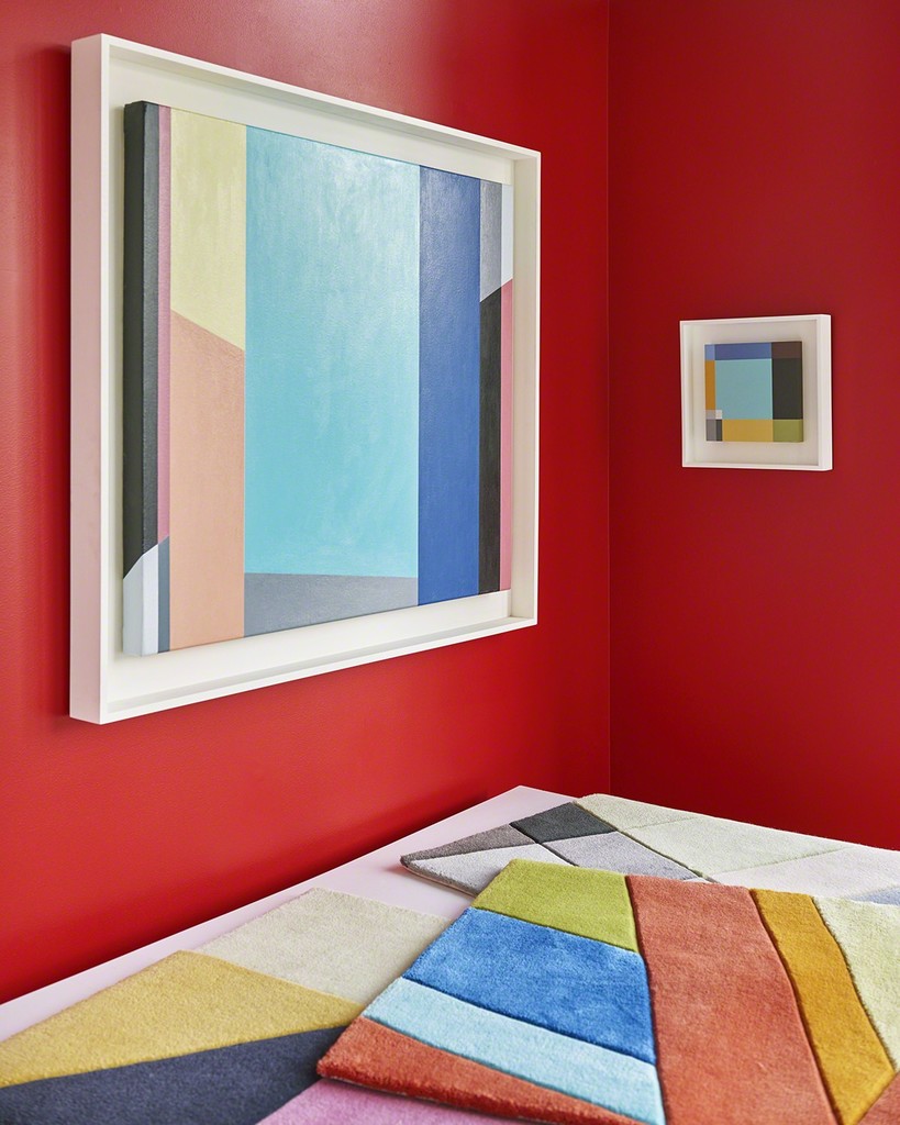 Musicology hand on a red wall. The smaller painting, Plaid, picks up, but also absorbs, some of the color of the larger piece. On the flat files are samples of the Art Rugs. Musicology hand on a red wall. The smaller painting, Plaid, picks up, but also absorbs, some of the color of the larger piece. On the flat files are samples of the Art Rugs.
