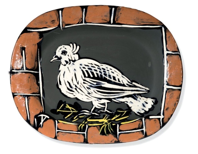 Pablo Picasso, ‘Colombe mate’, ca. 1948, Sculpture, Polychrome enamelled faience oval dish showing a dove on its nest in a brick frame., BAILLY GALLERY