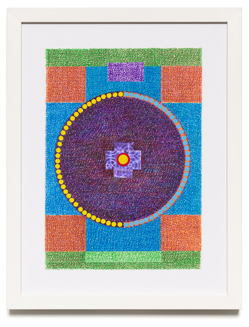 Sharmistha Ray, ‘Cosmic Earth’, 2020, Drawing, Collage or other Work on Paper, Automatic writing with colored pens, markers, Dollar Store tape, and stationery stickers on archival sketchbook paper, Carrie Secrist Gallery