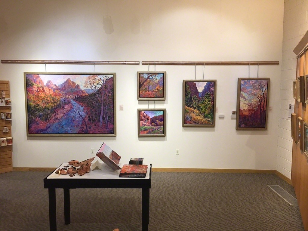 Come explore Impressions of Zion, a special art exhibition at the Zion National Park Museum. This two-month exhibition features the works of contemporary artists Erin Hanson and Royden Card. Each artist has a unique, colorful style and will bring vibrant new life to Zion's familiar landscapes.
Zion has been an inspiration for dozens of famed artists throughout history. We are honored to continue the tradition of art inspired by our national parks. Come explore Impressions of Zion, a special art exhibition at the Zion National Park Museum. This two-month exhibition features the works of contemporary artists Erin Hanson and Royden Card. Each artist has a unique, colorful style and will bring vibrant new life to Zion's familiar landscapes.
Zion has been an inspiration for dozens of famed artists throughout history. We are honored to continue the tradition of art inspired by our national parks.