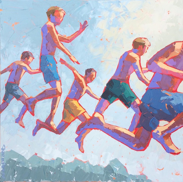 Paul Norwood, ‘"Mid Air" Boys in Green Blue and Yellow Bathing Suits Jumping into Water’, 2010-2017, Eisenhauer Gallery