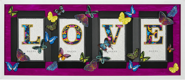 Stephen Wilson, ‘Gucci LOVE on the Horizon,’, 2018, Textile Arts, Direct embroidery on Gucci boxes with embroidered butterflies and aerosol paint, Roman Fine Art