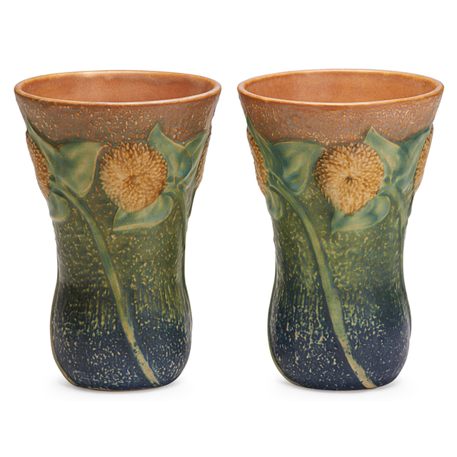 Roseville Pottery, ‘Two 7" Sunflower Vases, Zanesville, OH’, 1930, Rago/Wright
