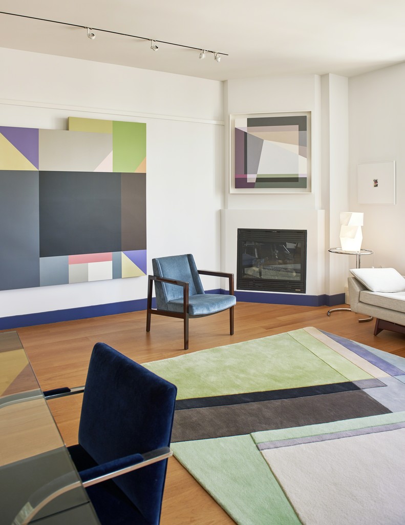 Art Rug "Decisive" with "Nowhere to Hide" behind it and "Self Portrait over the fire place. Photograph is from a 2018 Modern Magazine profile on the artist. Art Rug "Decisive" with "Nowhere to Hide" behind it and "Self Portrait over the fire place. Photograph is from a 2018 Modern Magazine profile on the artist.